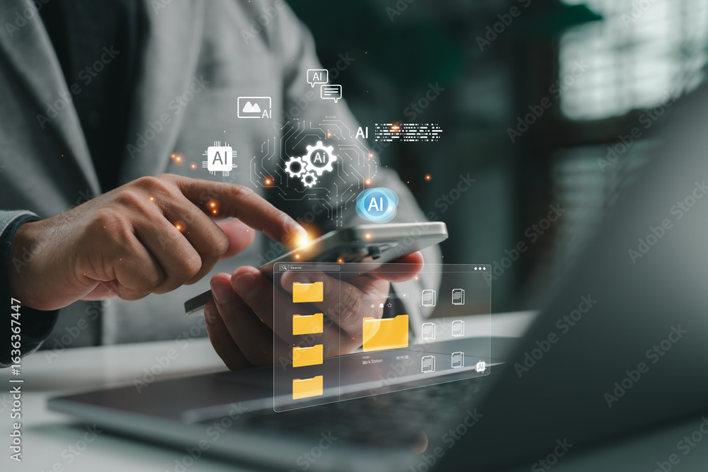 Poster businessman using smartphone with ai-powered document management system interface, dms, representing