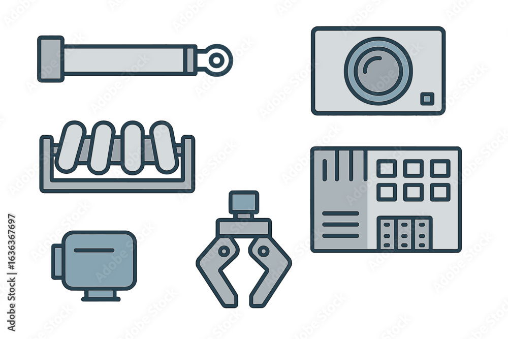 Poster display of various mechanical components and equipment in a workshop setting, showcasing tools at wo