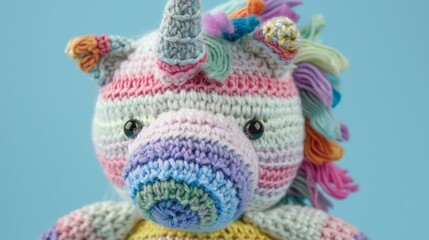 Handmade Knitted unicorn on pastel background