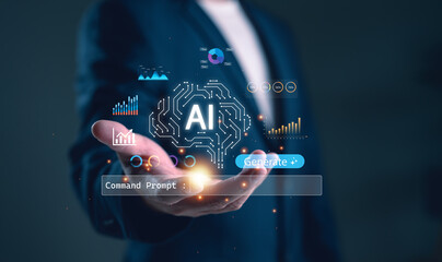 Businessman presenting AI technology with data analytics, charts, and innovation concepts for business growth and digital transformation in a modern futuristic environment.