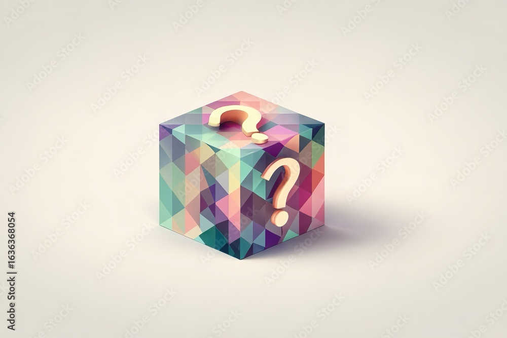 Poster colorful geometric cube with question marks, symbolizing curiosity and uncertainty in design and cre
