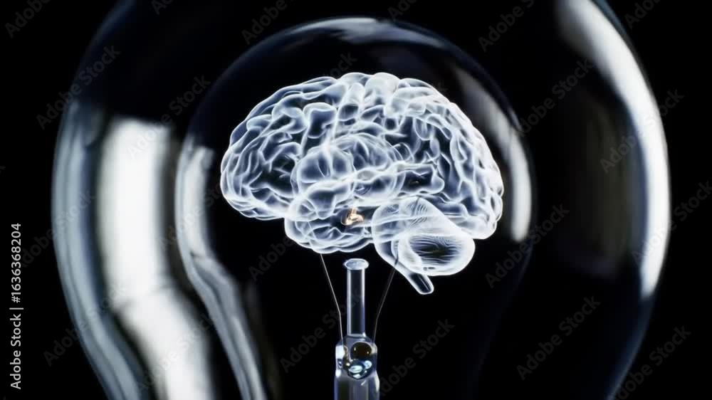 Poster 3d rendering of a luminous brain in a glass bulb on a dark background.