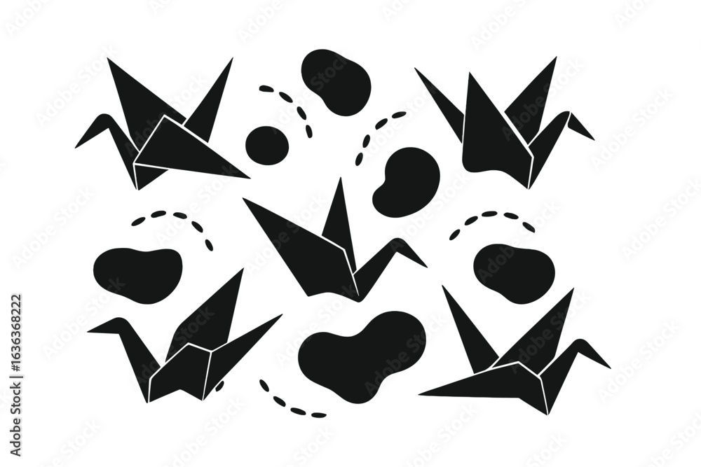 Poster origami cranes and abstract shapes create a dynamic composition of movement and artistry