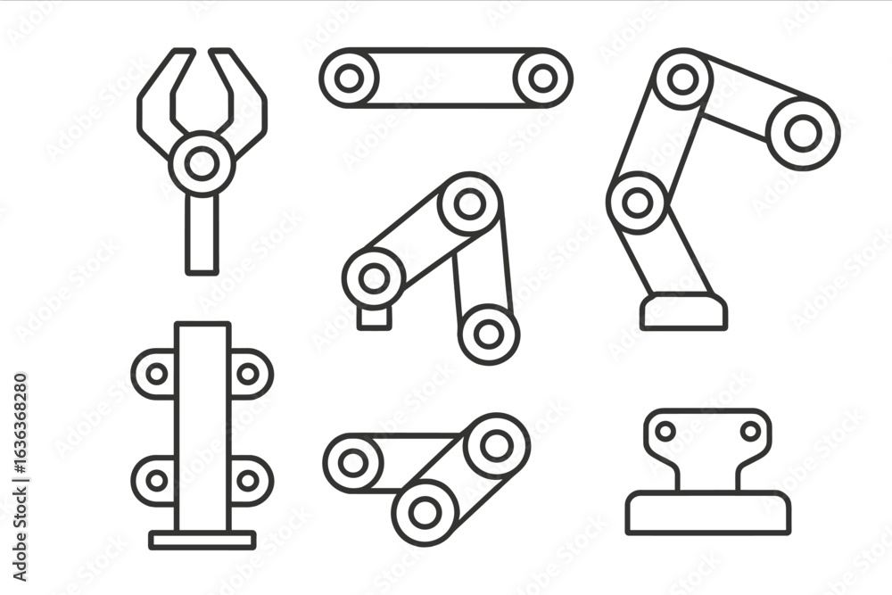 Poster various robotic arm designs and components displayed on a clean background for industrial applicatio