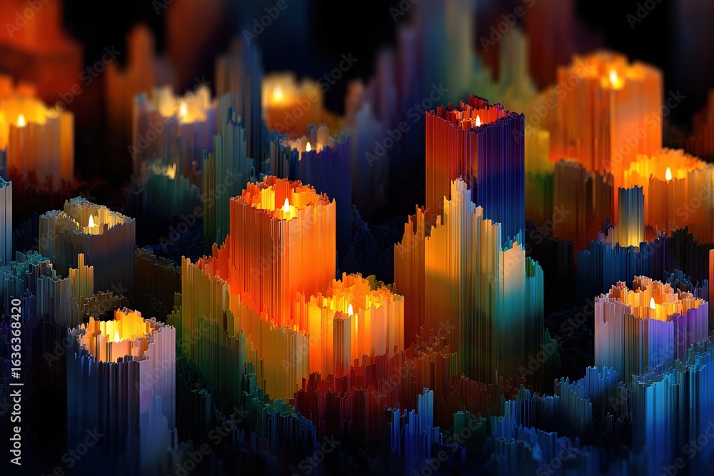 Poster colorful abstract landscape with illuminated structures resembling candles in a dark environment