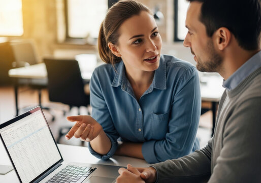 Two colleagues discussing data analysis office desk, business teamwork, professional collaboration, natural light, focused, casual, modern