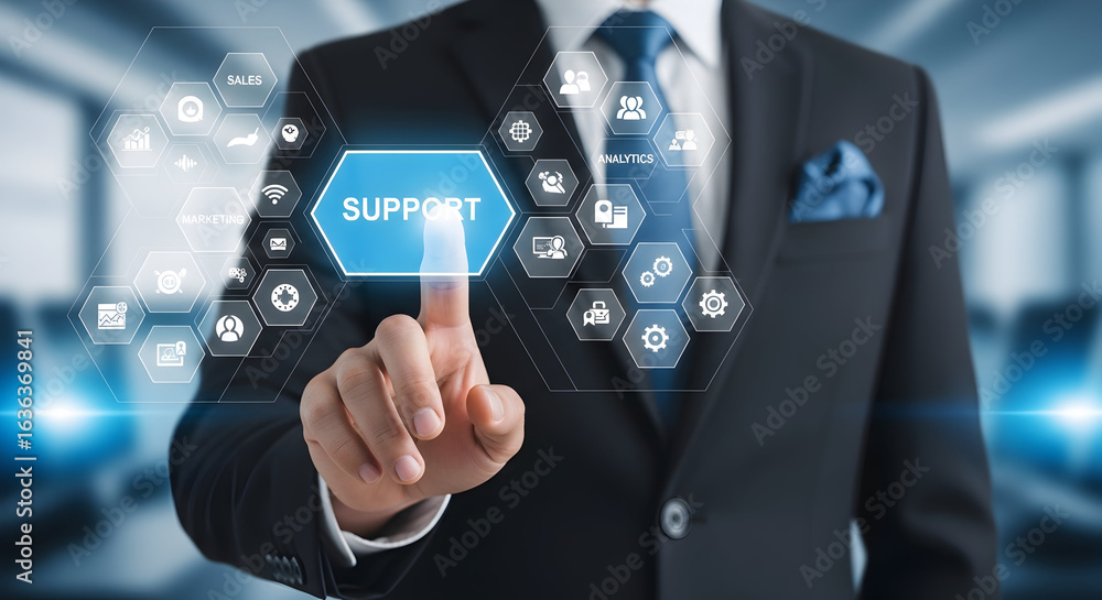 Poster modern business executive selects support options on digital screen interface for enhanced efficienc