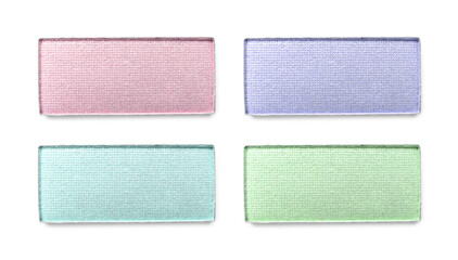 Fototapeta premium Different eyeshadow in refill pans on white background, set. Palette of shades
