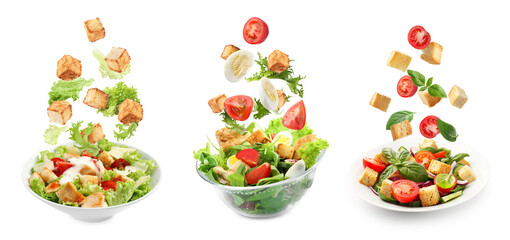 Croutons and other ingredients falling into bowls of salads against white background, set