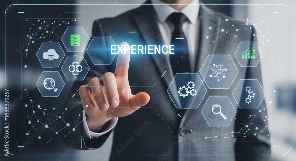Poster professional man interacting with modern business experience interface with cloud data and growth an
