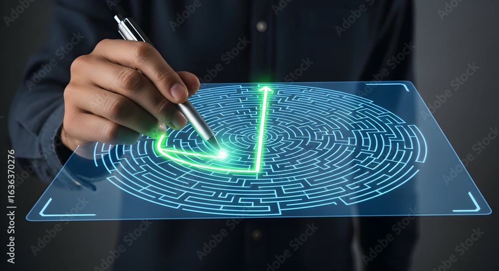 Poster solving complex problems with innovative technology, finding the right path to success, a modern sol