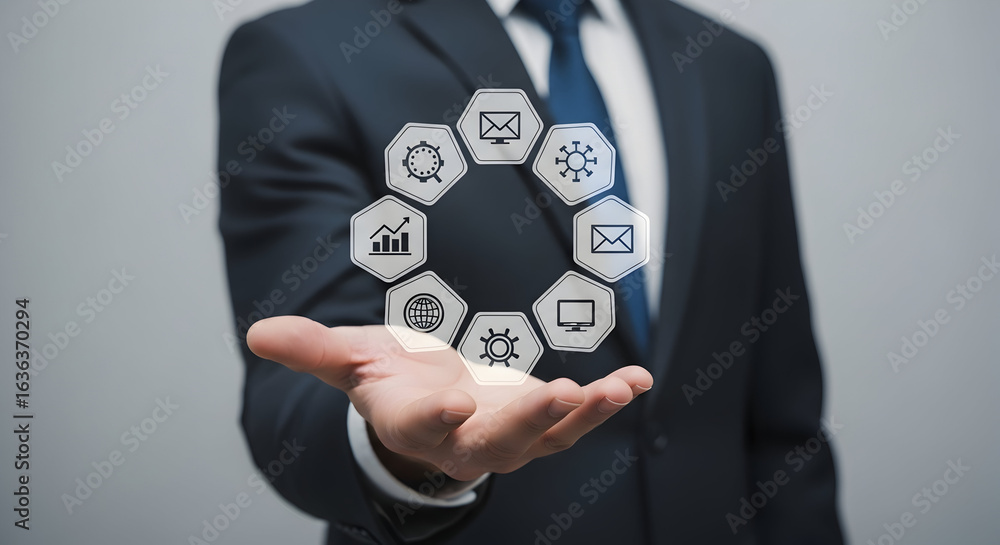 Poster professional shows modern business workflow icons, optimizing processes for success and improved pro