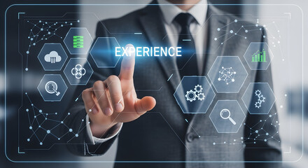 Professional man interacting with modern business experience interface with cloud data and growth analytics