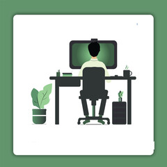 Remote Work and Home Office Illustration – Man Working at Computer Desk in Minimalist Flat Design

