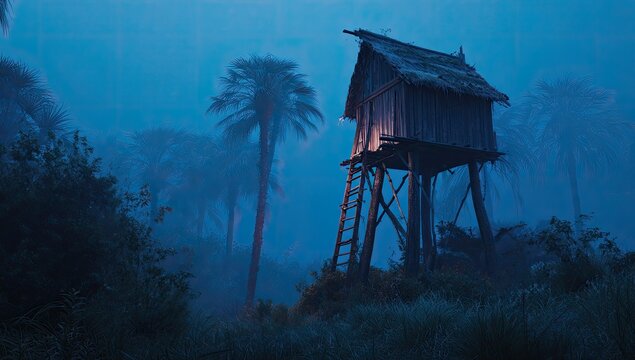 Misty jungle hut at twilight