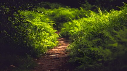 Sunlight filtering through ferns on a woodland path.