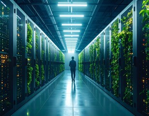 Futuristic green data center with vertical gardens on server racks. A vision of sustainable technology and eco-friendly cloud computing.