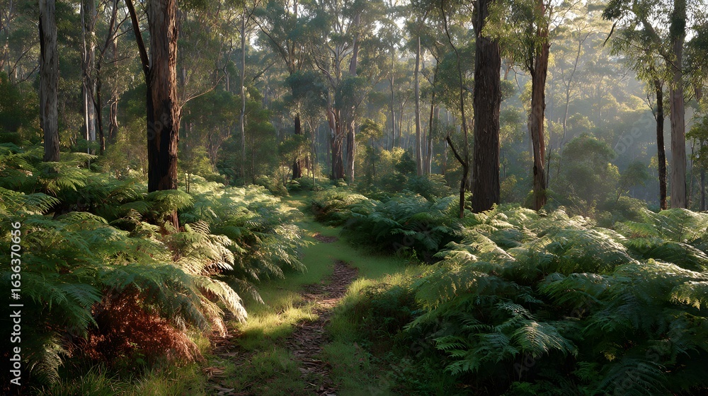 Poster sunlight filtering through a fern-filled forest path.