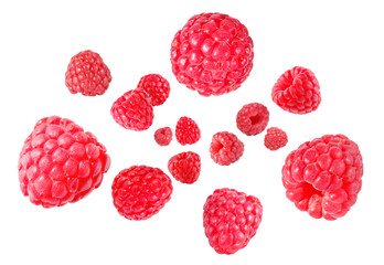 Fresh raspberries swirling in air against white background