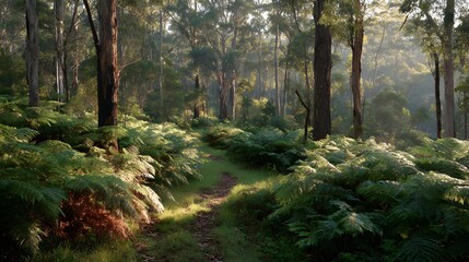 Obraz premium Sunlight filtering through a fern-filled forest path.