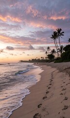 Soft pastel sunrise over quiet sand and surf. AI GENERATED.