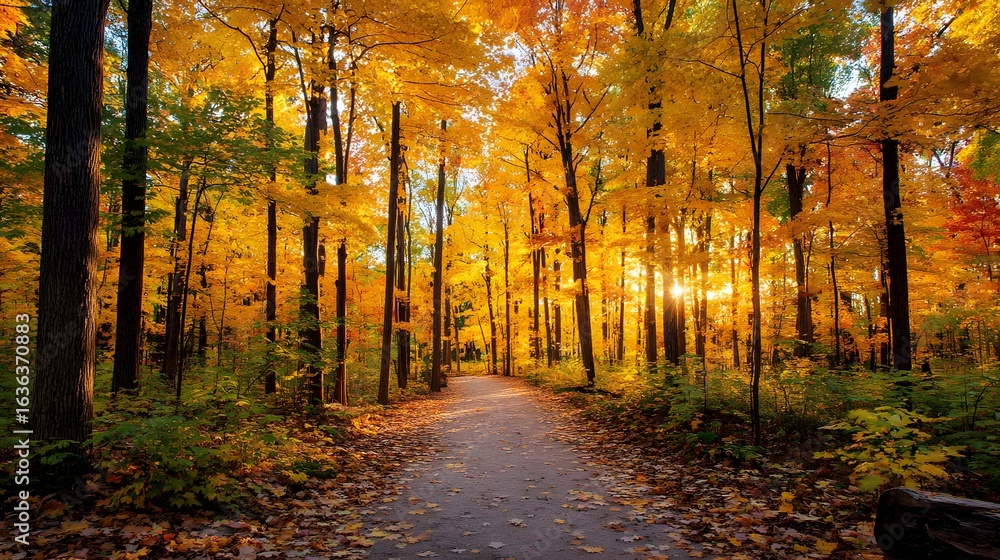 Poster autumn sunlight streams through a path in a vibrant forest.