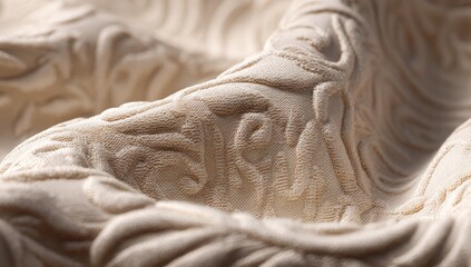 Close-up of a cream-colored fabric with a textured, embossed floral design.  Soft folds and curves accentuate the pattern