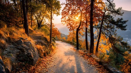Obraz premium Winding road through autumnal forest at sunrise.