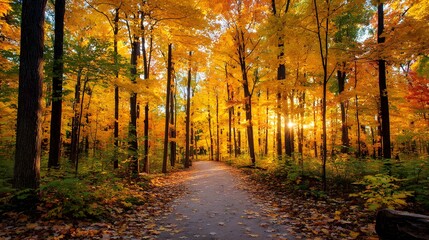 Obraz premium Autumn sunlight streams through a path in a vibrant forest.