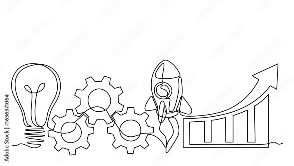 Poster continuous one line drawing of gears, lights idea and rocket launch, ship. continuous line drawing. 