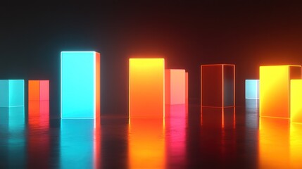 Neon glowing rectangular shapes arranged in a dark scene