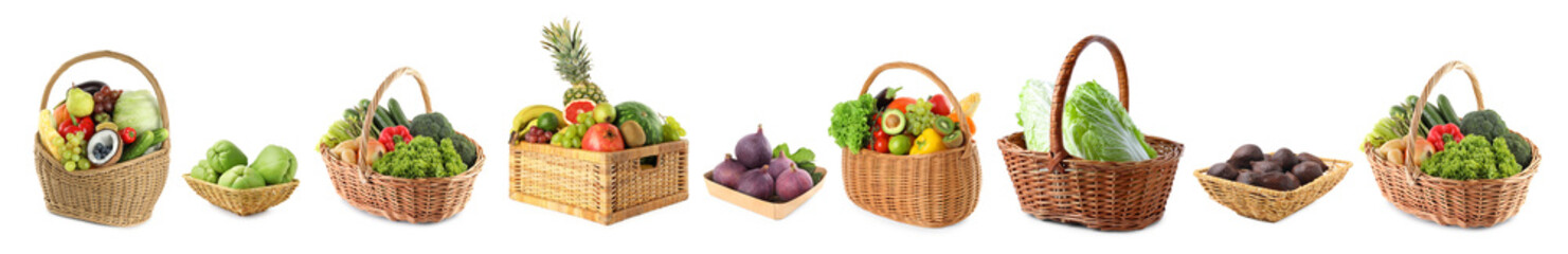 Fresh vegetables and fruits in wicker baskets isolated on white, set