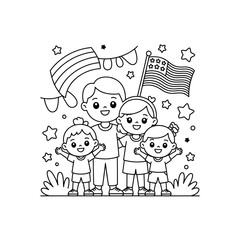 Fototapeta premium Happy Family Celebrating Independence Day Line Art Illustration