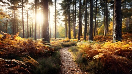 Obraz premium Golden sunlight streams through an autumn forest.