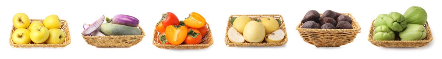 Fresh vegetables and fruits in wicker baskets isolated on white, set