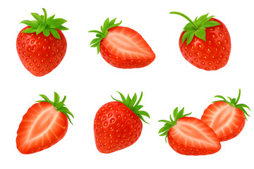 Fresh Ripe Strawberries Whole and Sliced Isolated on White Background for Clean Fruit Visual
