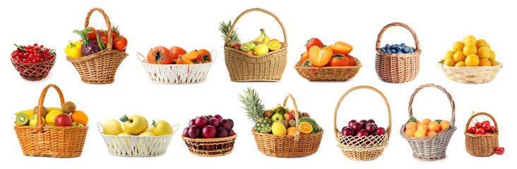 Fresh fruits, vegetables and berries in wicker baskets isolated on white, set
