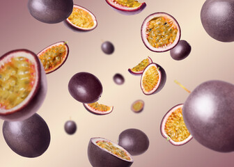 Fresh passion fruits swirling in air against color gradient background