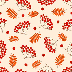 Vector seamless autumn pattern of rowan berries. Illustration for the decoration of seasonal holidays.