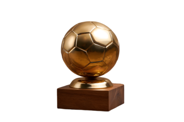 Golden soccer trophy on a wooden base with transparent background