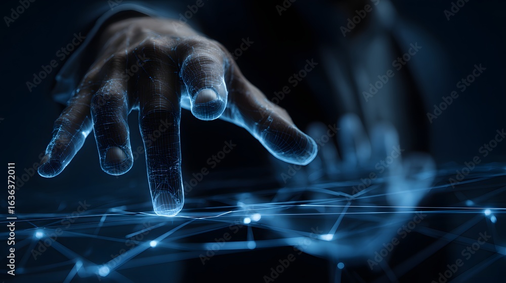 Poster a hand interacts with a network interface.
