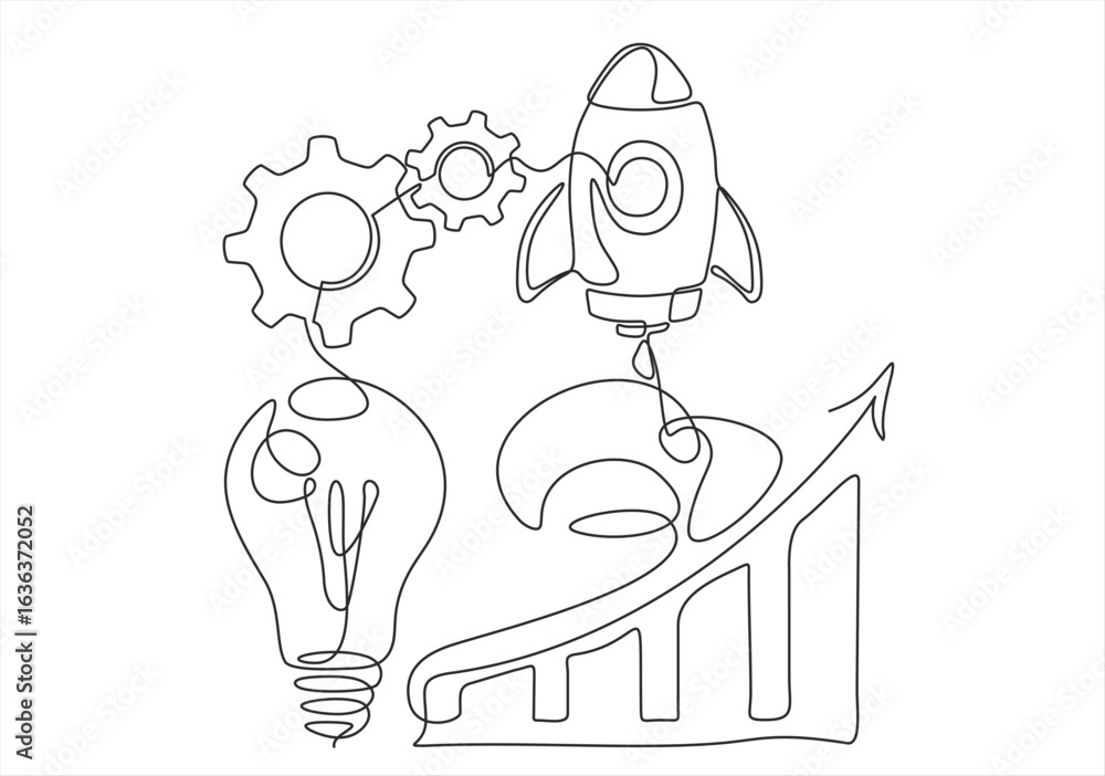 Poster continuous one line drawing of gears, lights idea and rocket launch, ship. continuous line drawing. 