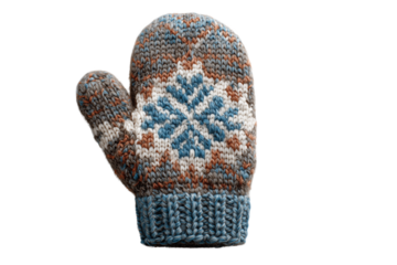 Hand knitted winter mitten featuring a intricate snowflake design and rustic color palette