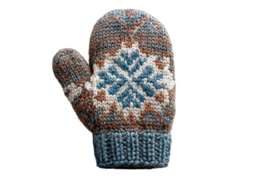 Hand knitted winter mitten featuring a intricate snowflake design and rustic color palette - Powered by Adobe