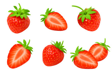 Fresh Strawberries in Whole and Cut Views Isolated on White Background for a Clean Fruit Display