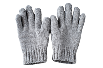 A pair of warm textured grey knitted gloves displayed against a stark black background