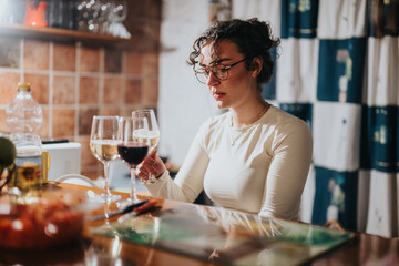 A young woman seated at a table in a cozy interior with wine glasses.