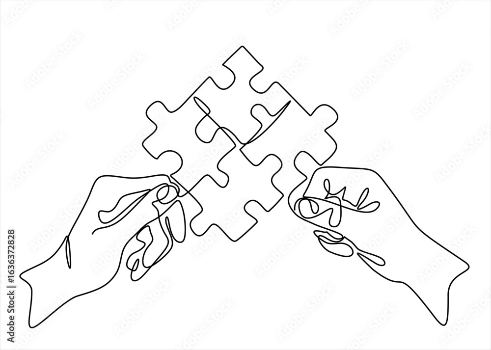 Poster continuous one line drawing of hands and puzzle. business matching - connecting puzzle elements. bus