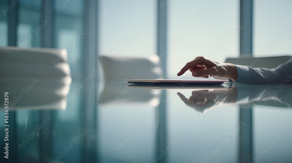 Poster person using a tablet computer at a conference table.