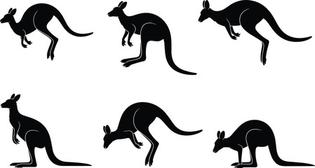 Kangaroo silhouette vector, jumping kangaroo poses, Australian wildlife illustration, marsupial animal graphic, kangaroo design elements, stock image, black artwork